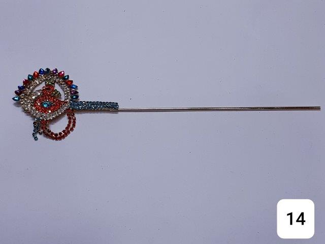 GOLDEN 8"ROUND SHAPED AND INSIDE PEACOCK SHAPED BANSURI WITH MULTI STONES.